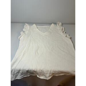 Womens Gauze Cotton Ruffle Sleeve Top Large White Boho V Neck Summer Blouse